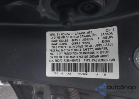 2016 Honda Civic Ex-T из США, поврежденный, VIN 2HGFC1F36GH636728